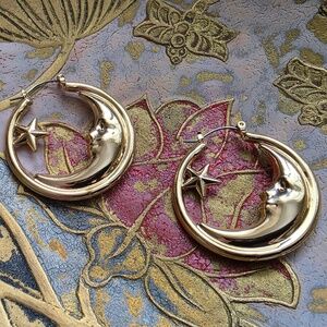 Large Celestial 18k Gold -Plated Crescent Moon and Star Hoop Earrings